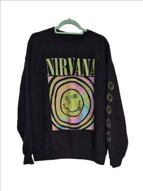 NIRVANA Black Crewneck Sweatshirt with Neon Tie-Dye Smiley 90s Grunge L/XL